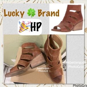 Lucky Brand Sortia Leather Brown PeepToe Stacked Heel Caged Straps Box 7.5M 37.5